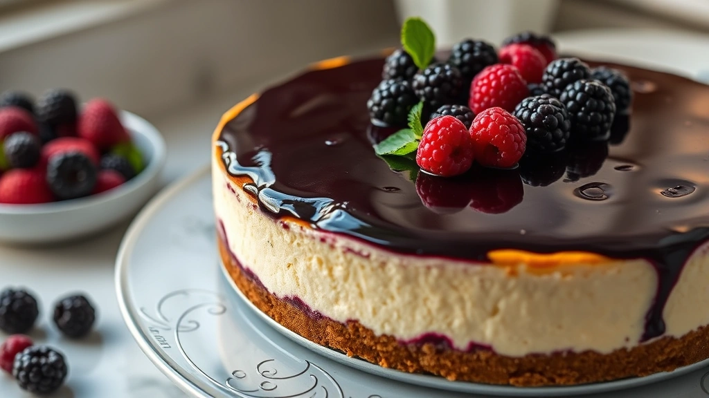 hero: stunning blackberry cheesecake with glossy blackberry topping and fresh berries, springform pan, photorealistic, natural window light, no text, professional food photography