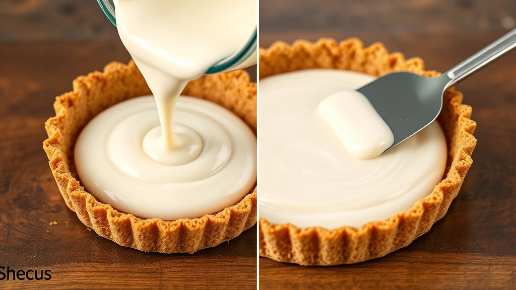 process: pouring smooth cream cheese filling into graham cracker crust, spatula smoothing the top, photorealistic, natural light, no text