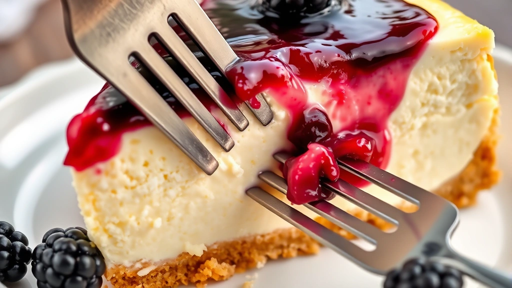 detail: close-up of slice showing creamy filling, golden crust, and jewel-toned blackberry topping, fork cutting into cheesecake, photorealistic, natural light, no text