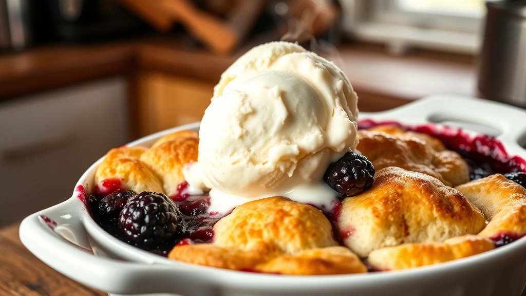 hero: warm blackberry cobbler with golden biscuit topping in a white baking dish, steam rising, served with vanilla ice cream melting on top, rustic kitchen background, natural window light, food photography