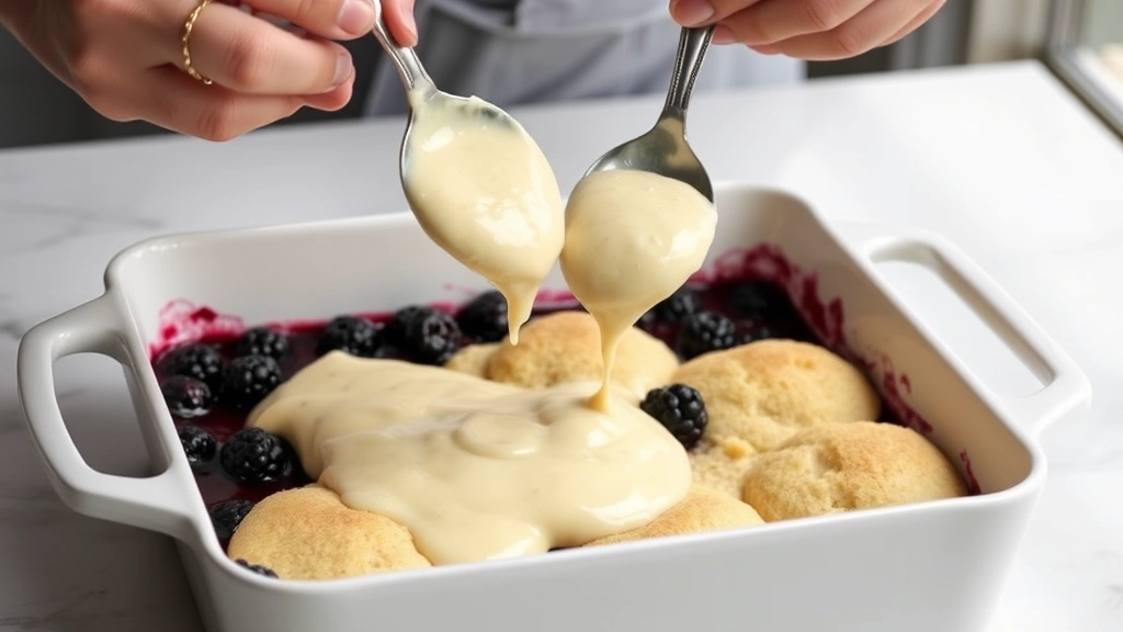 process: hands dropping spoonfuls of cobbler batter over dark purple blackberry filling in a baking dish, mid-action shot, natural daylight, professional food photography