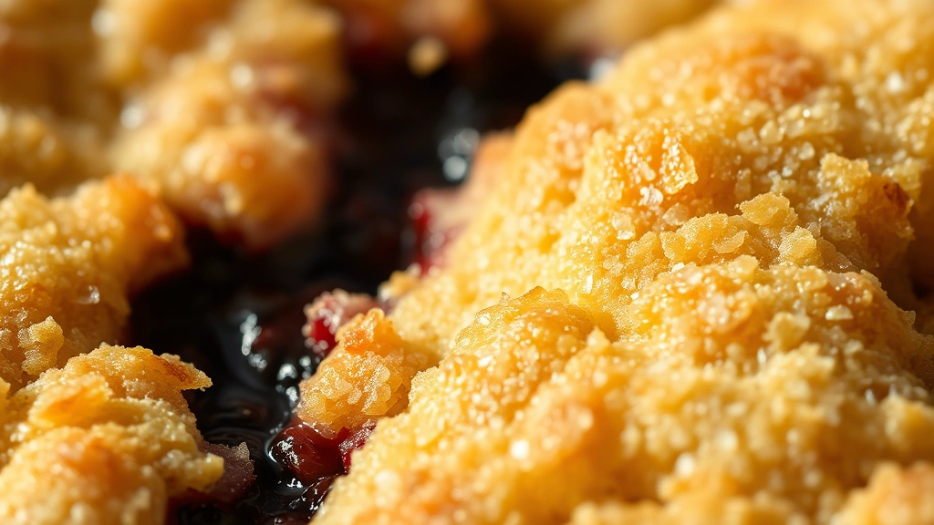 detail: close-up macro shot of golden cobbler topping with coarse sugar crystals glistening, fresh blackberry filling visible underneath, steam rising, shallow depth of field, warm natural lighting