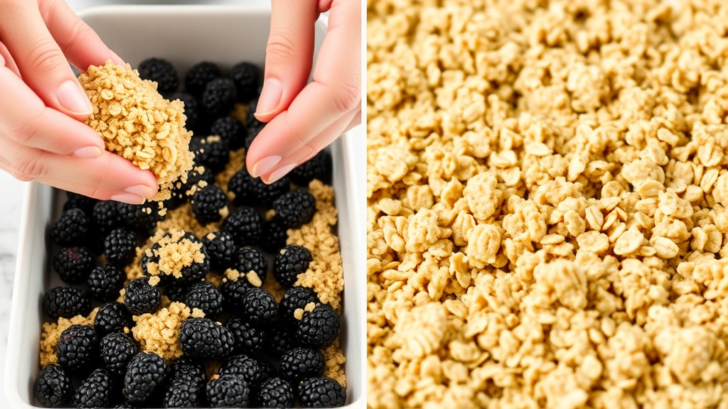 process: hands sprinkling oat topping mixture over blackberries in baking dish, crumbly golden topping being distributed, close-up angle showing texture