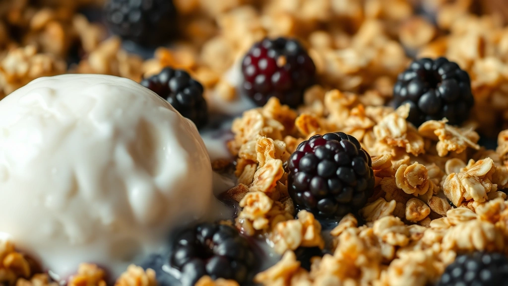 detail: close-up of baked golden crispy oat topping with melted ice cream, individual blackberries visible through crispy layer, steam rising, shallow depth of field