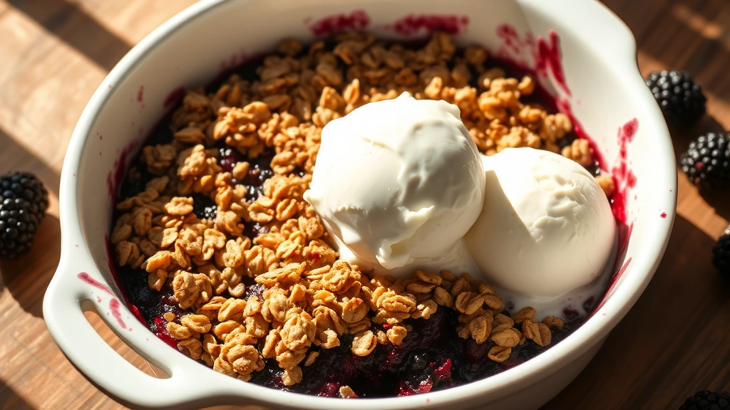 hero: finished blackberry crumble in white ceramic baking dish with golden-brown oat topping, vanilla ice cream melting on top, fresh blackberries visible at edges, warm natural sunlight streaming from side, rustic wooden table surface