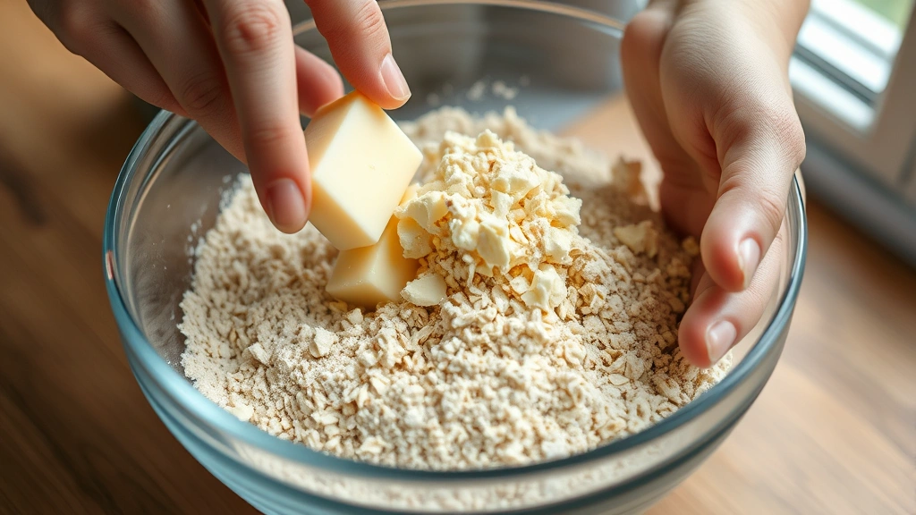 process: hands crumbling cold butter into oat and flour mixture in glass bowl, showing texture and breadcrumb consistency, natural daylight from window, close focus on hands and bowl