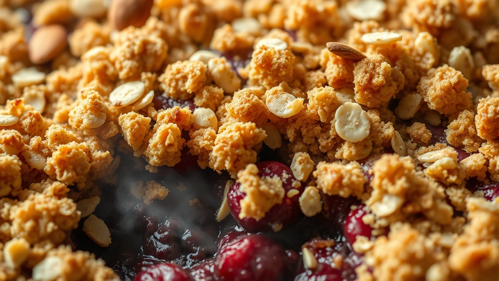 detail: extreme close-up of golden crispy crumble topping with almonds and oats visible, berry filling bubbling beneath, steam rising, macro photography, soft natural lighting