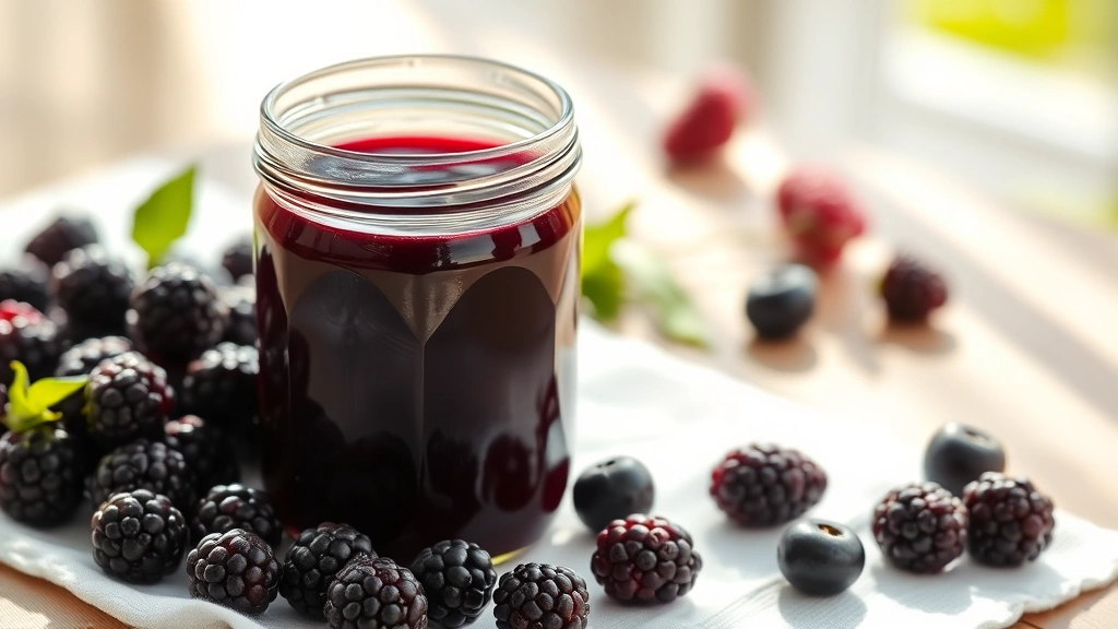 hero: beautiful deep purple blackberry syrup in a glass jar with blackberries scattered around, morning sunlight streaming through, on white linen napkin, photorealistic, no text