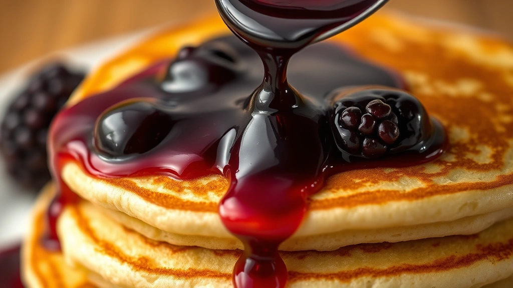 detail: close-up of glossy blackberry syrup being drizzled from spoon onto stack of golden pancakes, jewel-toned purple, photorealistic macro photography, natural light, no text