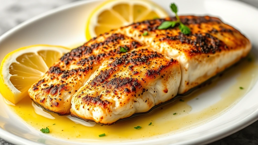 hero: perfectly blackened catfish fillet on white plate with lemon wedges and fresh parsley garnish, golden butter sauce pooled around fish, close-up showing crispy charred crust texture, photorealistic, natural daylight from side, no text, professional food photography