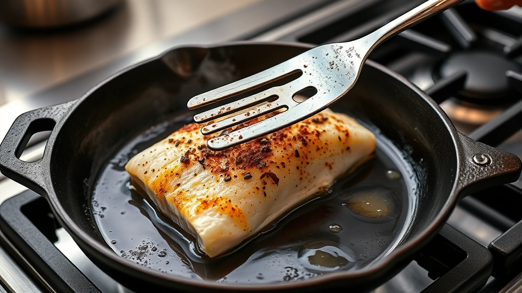 process: cast iron skillet on stovetop with catfish fillet being flipped with thin metal spatula, visible char and crust formation, smoke rising, golden butter bubbling, photorealistic, natural kitchen lighting, no text