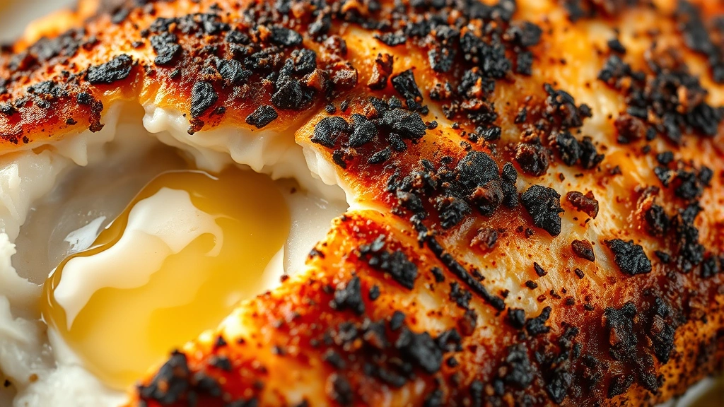 detail: extreme close-up macro photography of blackened catfish surface showing intricate texture of charred spice crust, flaky white fish interior visible, drops of golden lemon butter, photorealistic, natural light highlighting texture, no text