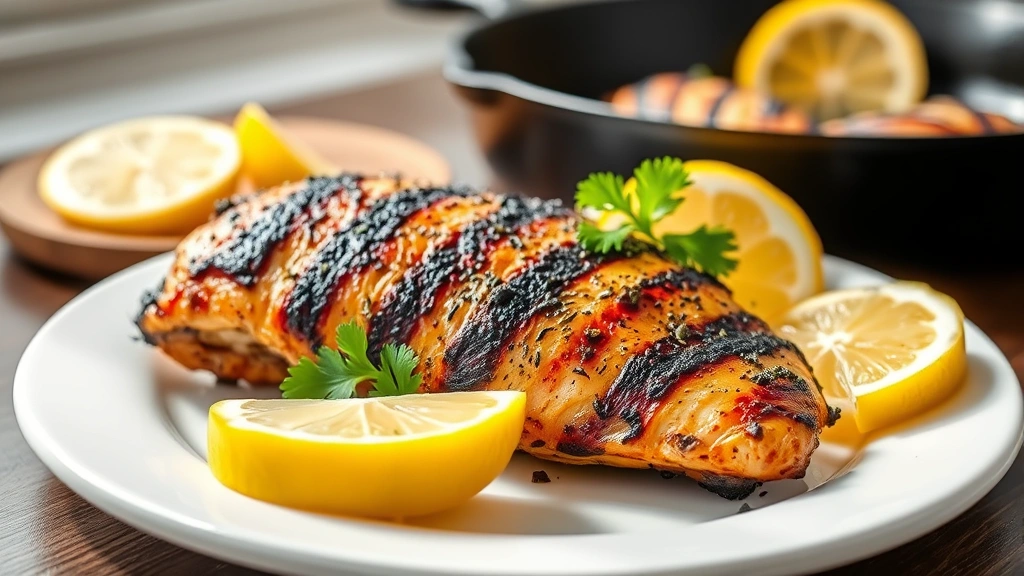 hero: perfectly blackened chicken breast with charred crust on white plate, garnished with fresh lemon wedges and parsley, cast iron skillet in background, natural daylight streaming through window, professional food photography, mouth-watering appeal