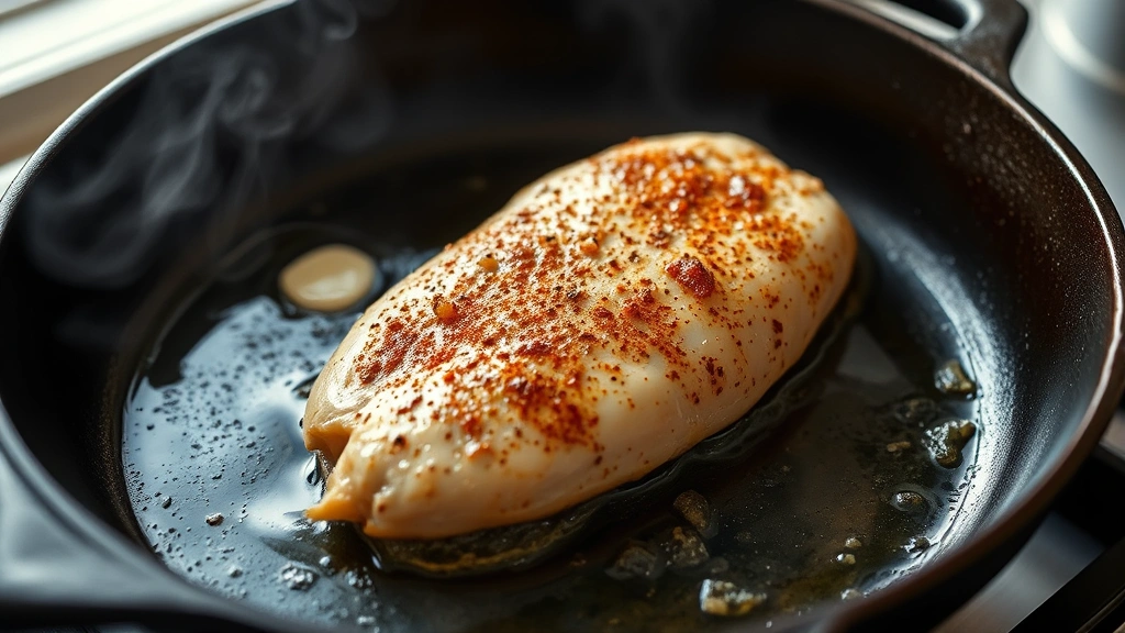 process: seasoned chicken breast sizzling in smoking hot cast iron skillet with melted butter, visible char forming on surface, steam rising, mid-cook action shot, natural lighting, professional kitchen setting