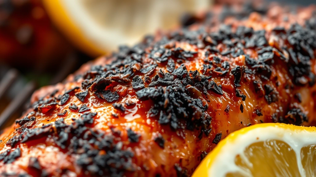 detail: close-up of blackened chicken crust texture, charred spice coating visible in detail, steam wisps, lemon wedge alongside, shallow depth of field focusing on crusty exterior, professional macro photography