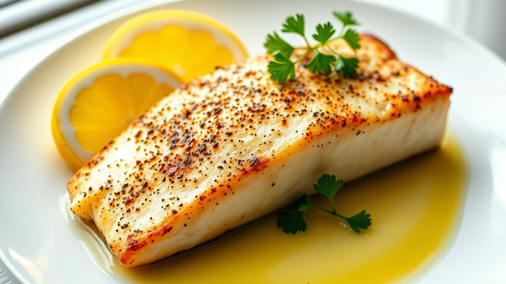 hero: perfectly blackened cod fillet on white plate with lemon wedges and fresh parsley garnish, golden butter pooling around fish, natural window light, close overhead shot, photorealistic, no text