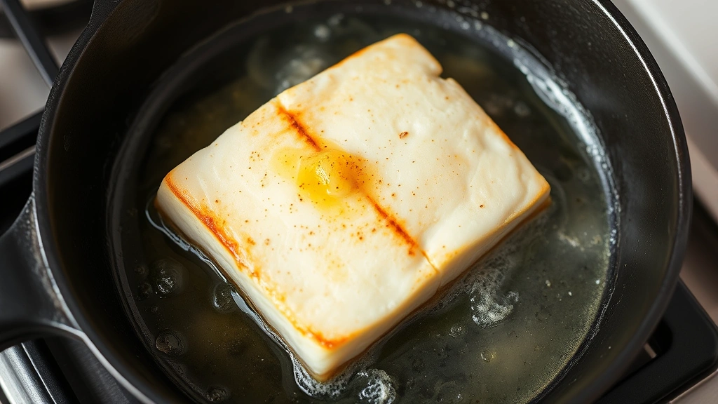 process: cast iron skillet with cod fillet being seared, golden brown crust forming, butter foaming, steam rising, action shot mid-sear, photorealistic, natural light, no text