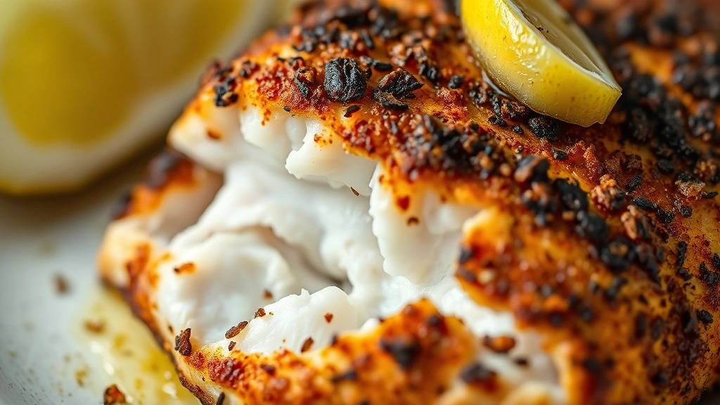 detail: close-up of blackened cod showing crispy caramelized spice crust texture, flaky white interior exposed, fresh lemon wedge beside it, shallow depth of field, photorealistic, natural light, no text