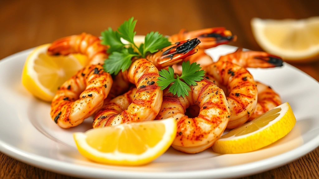hero: blackened shrimp plated on white dish with lemon wedges and fresh parsley garnish, sizzling appearance with charred spiced crust, warm golden lighting, professional food photography
