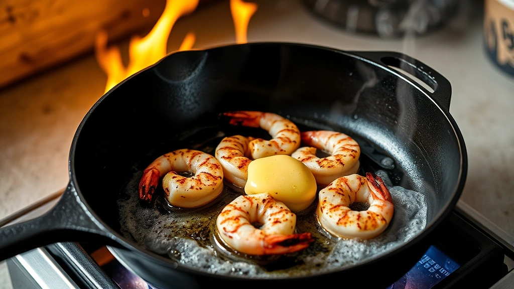 process: cast iron skillet with blackened shrimp cooking over high heat, visible char and crust forming, steam rising, butter foaming around shrimp, dynamic cooking moment
