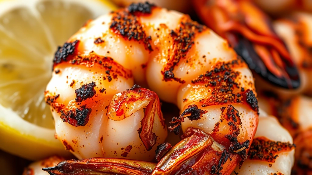 detail: close-up of individual blackened shrimp showing detailed spice crust texture, charred edges, translucent white interior, shallow depth of field, fresh lemon slice beside
