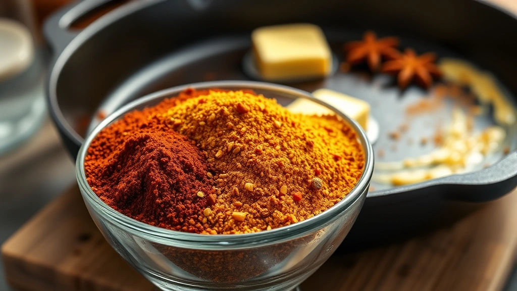 hero: bowl of blackening spice blend, golden and burgundy colors, paprika texture visible, cast iron skillet with butter in background, natural sunlight through kitchen window, no text, high resolution, appetizing
