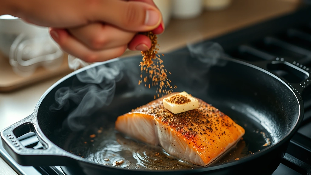 process: hand sprinkling spice onto salmon fillet in hot cast iron skillet, butter sizzling, smoke rising, visible caramelization, dynamic action shot, natural kitchen lighting, no text, professional photography