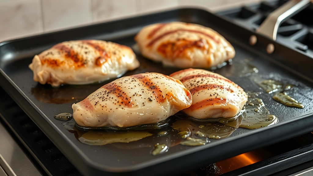 process: chicken breasts flipping on hot Blackstone griddle with sizzling oil and golden crust forming, photorealistic, natural kitchen lighting, mid-cooking action shot, no text