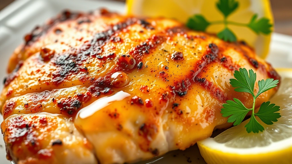 detail: close-up of perfectly seared chicken breast with golden-brown crust, garlic butter dripping, fresh parsley garnish and lemon wedge, photorealistic, natural light, shallow depth of field, no text