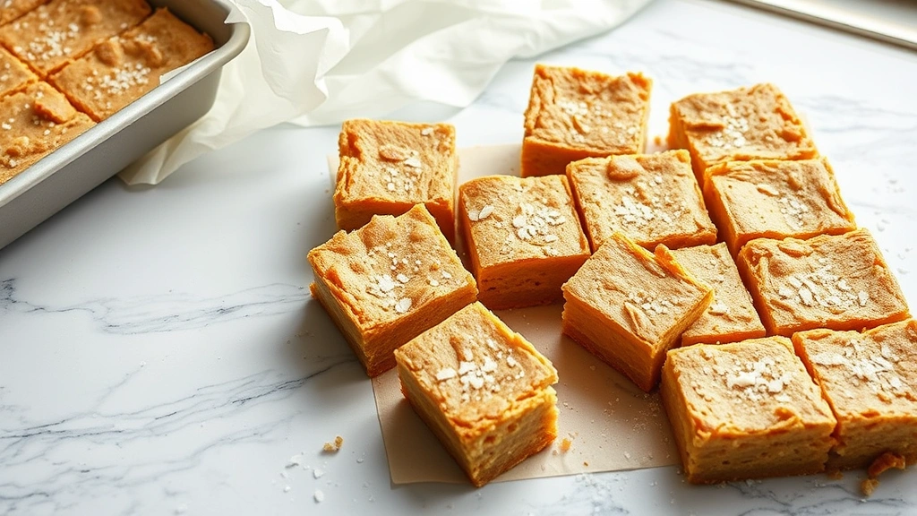 hero: golden blonde brownies cut into squares on a marble surface, dusted with sea salt, natural window light, styled with parchment paper and baking pan, photorealistic, no text
