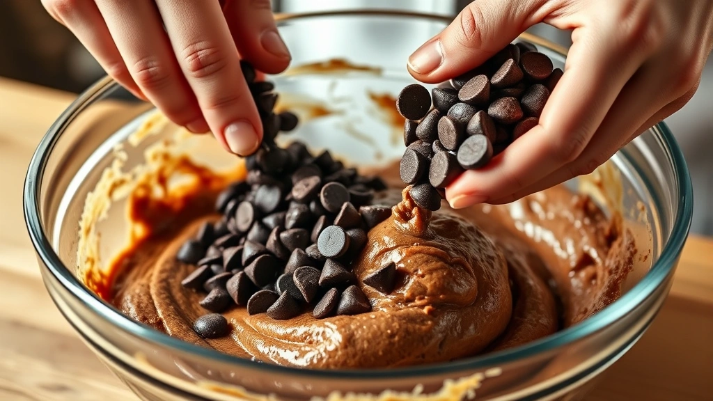 process: hands folding chocolate chips into blonde brownie batter in a glass bowl, warm kitchen lighting, action shot, photorealistic, no text