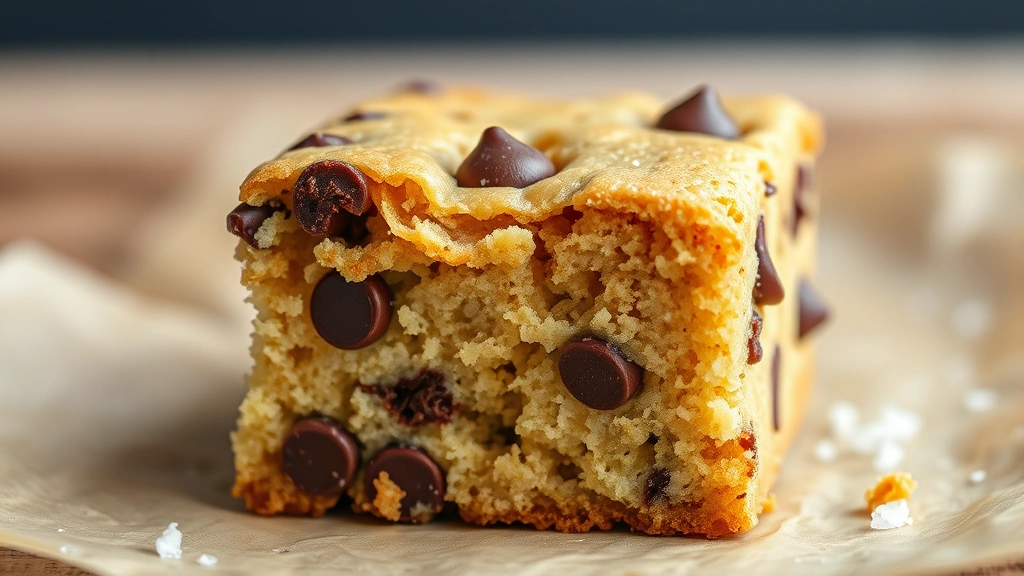 detail: close-up cross-section of single blonde brownie showing chewy fudgy texture and chocolate chips, sitting on parchment paper with sea salt crystals visible, natural daylight, photorealistic, no text
