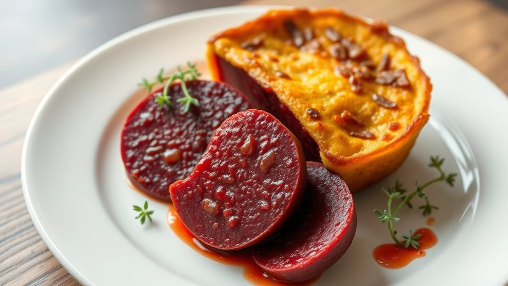 hero: sliced blood pudding on a white plate with fresh thyme garnish, golden-brown pan-fried exterior, photorealistic, natural morning light, no text