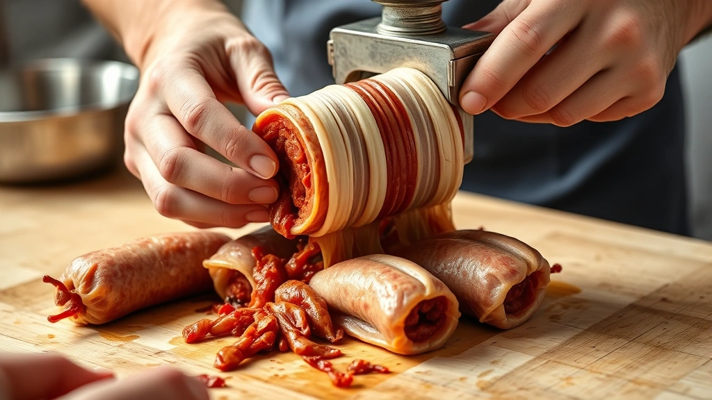 process: hands filling hog casings with blood pudding mixture using a sausage stuffer, photorealistic, bright kitchen lighting, no text
