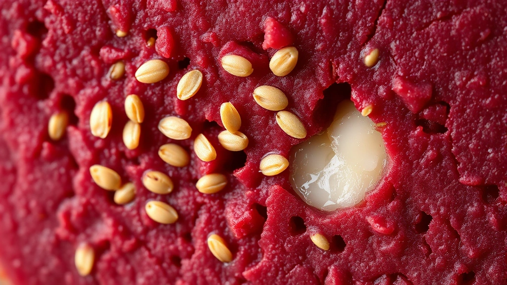 detail: close-up cross-section of sliced blood pudding showing visible barley grains and fat pieces, photorealistic, macro photography, natural light, no text