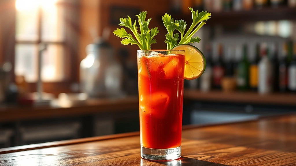 hero: elegant Bloody Mary cocktail in a tall glass with fresh celery stalk and lime wedge garnish, rich red color, ice cubes visible, morning light streaming through window, wooden bar surface, photorealistic, natural lighting, no text