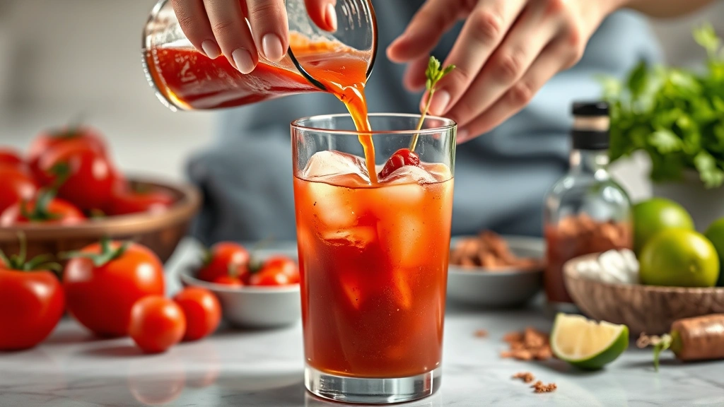 process: hands pouring homemade Bloody Mary mix from glass pitcher into cocktail glass with ice, surrounded by fresh ingredients like tomatoes limes horseradish, bright kitchen counter, photorealistic, natural lighting, no text