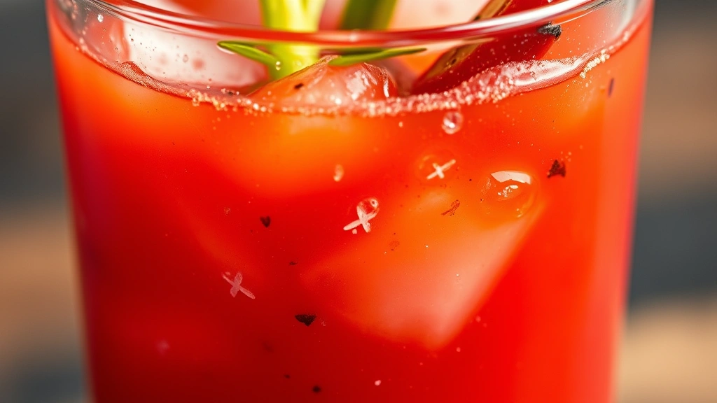 detail: close-up of crimson Bloody Mary mix in clear glass with visible spices celery salt and garnish, condensation on glass, vibrant red color, photorealistic, natural lighting, no text