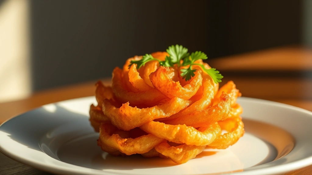 hero: golden crispy bloomin onion appetizer on white plate, perfectly bloomed flower shape, garnished with fresh parsley, dramatic side lighting, warm natural light, shallow depth of field, no text or watermarks