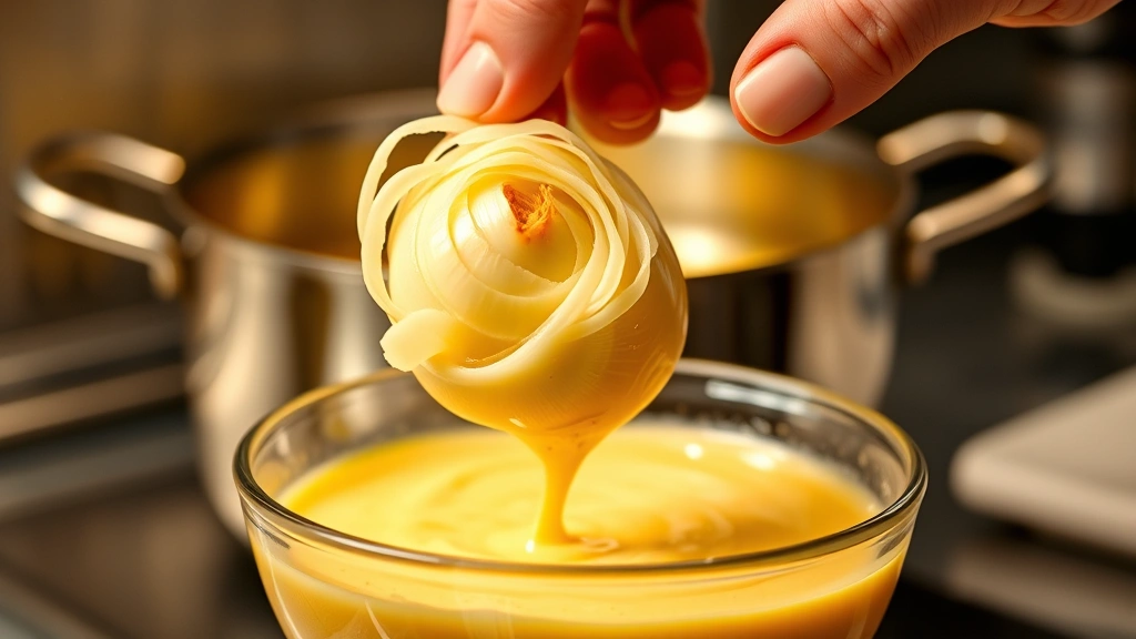 process: hand dipping bloomed onion into batter bowl, golden oil in deep pot in background, action shot mid-dip, professional kitchen lighting, close-up perspective, no text