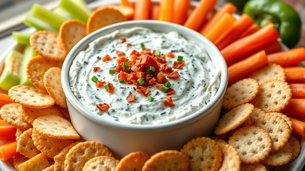 hero: blue cheese dip in white serving bowl with bacon crumbles and fresh chives on top, surrounded by crackers and fresh vegetables including celery carrot sticks and bell peppers, photorealistic, natural window light, professional food styling, no text
