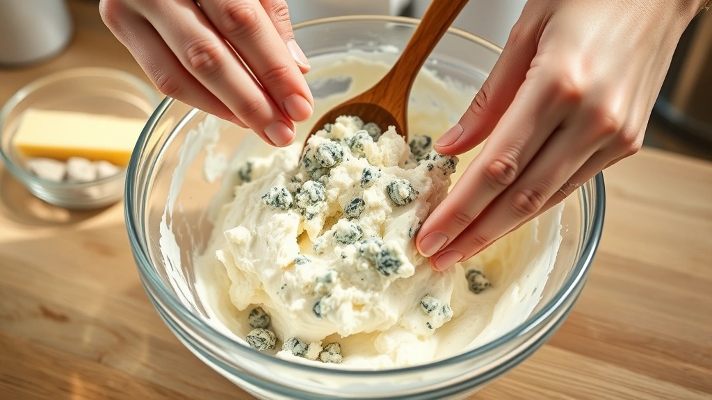 process: hands folding blue cheese into softened cream cheese in glass mixing bowl with wooden spoon, photorealistic, bright natural light, kitchen counter setting, no text