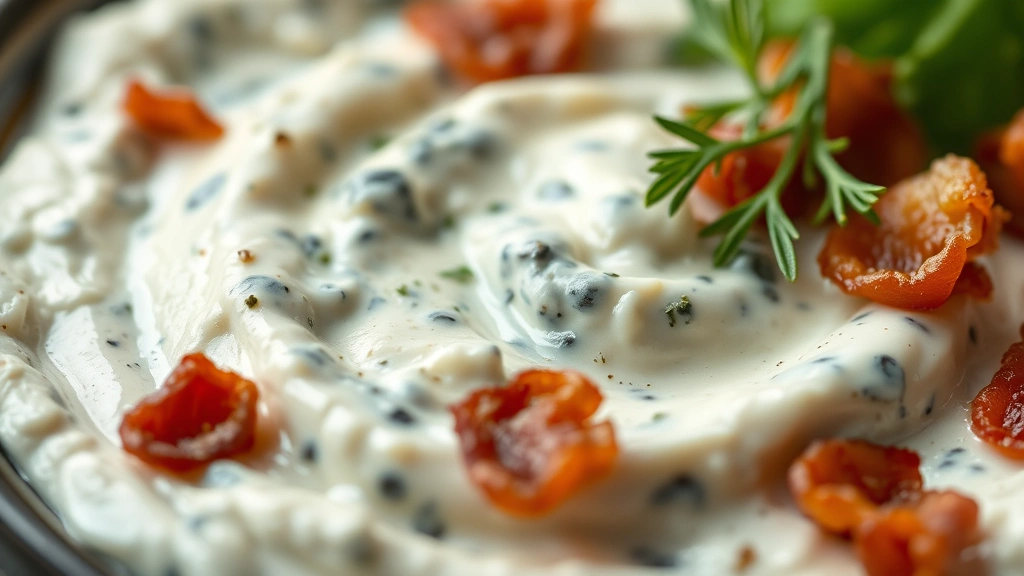 detail: close-up of blue cheese dip showing creamy texture with crispy bacon pieces and herb garnish, photorealistic, macro photography with shallow depth of field, natural light, no text