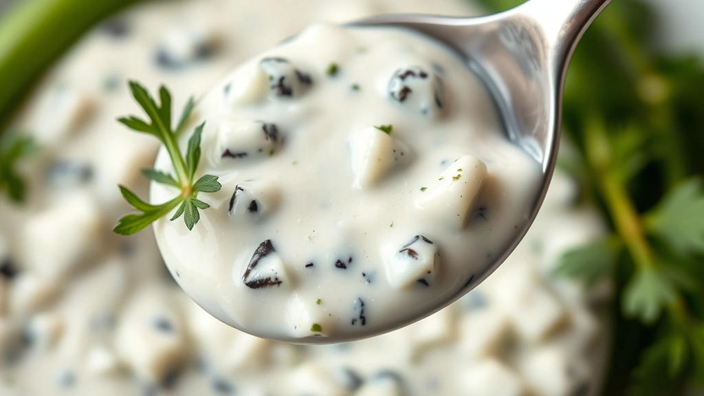 detail: close-up spoonful of thick blue cheese dressing with visible blue cheese chunks and creamy texture, fresh herb garnish, shallow depth of field, natural light, no text