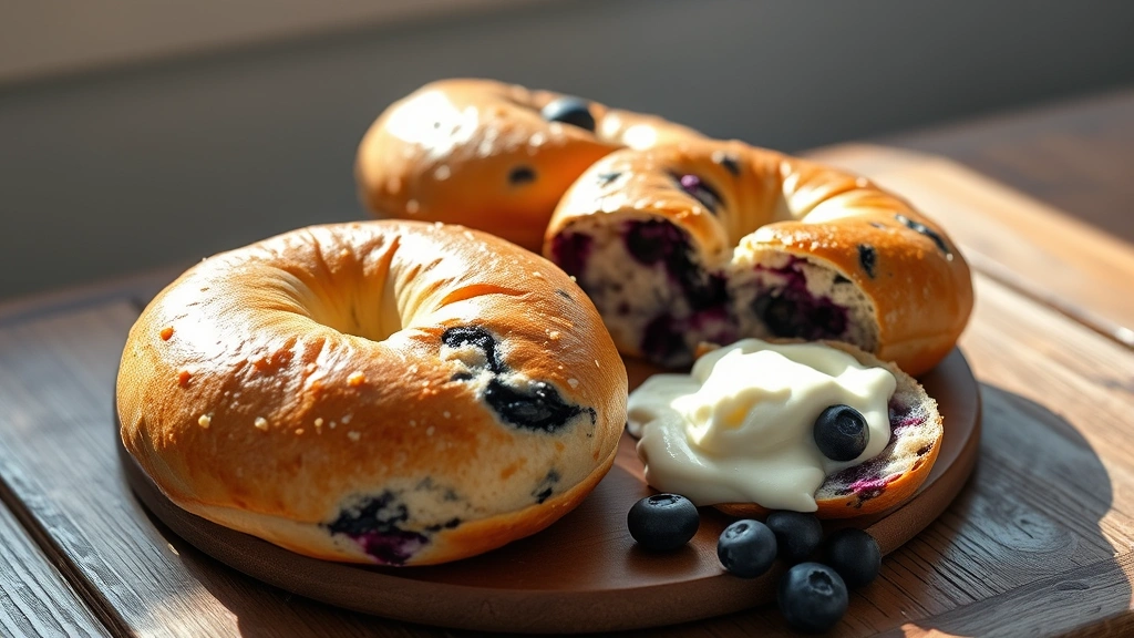 hero: freshly baked blueberry bagels, golden brown exterior with visible blueberries, split bagel showing chewy interior with blueberry pockets, cream cheese on the side, warm natural morning light streaming across a rustic wooden surface, no text