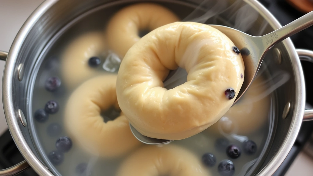 process: boiling bagels in pot of water, bagels floating at surface, slotted spoon lifting a bagel, steam rising, close-up action shot with blueberries visible through the dough, natural kitchen lighting