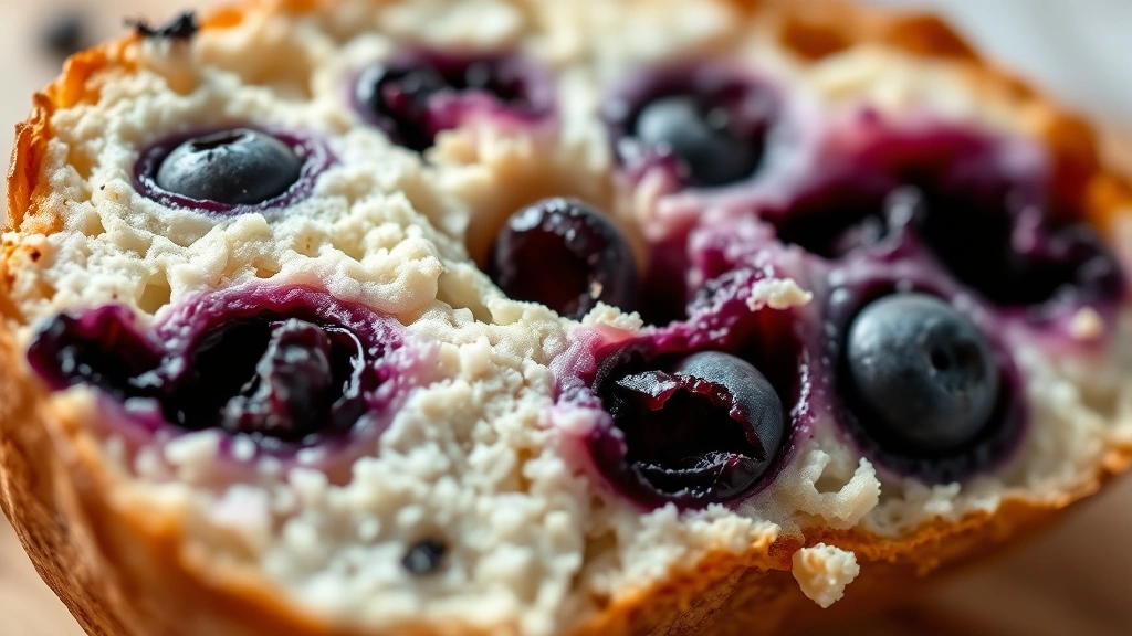 detail: cross-section of sliced blueberry bagel showing chewy crumb structure and blueberry distribution, toasted golden surface, shallow depth of field, warm natural sunlight, no text