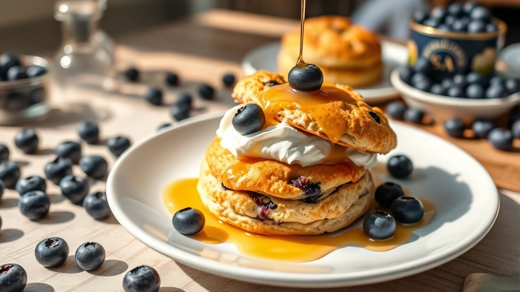 hero: golden-brown blueberry biscuits on a white plate with whipped cream and honey drizzle, fresh blueberries scattered around, warm natural sunlight streaming across, farmhouse table setting, photorealistic, no text