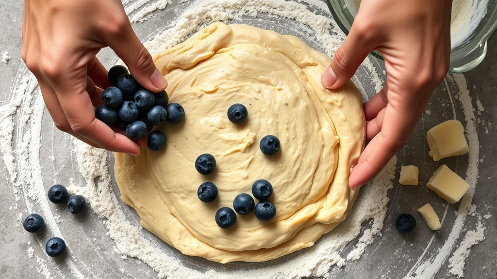 process: hands folding blueberries into biscuit dough, flour dusted surface, cold butter pieces visible, mixing bowl in background, overhead shot, natural kitchen lighting, photorealistic, no text