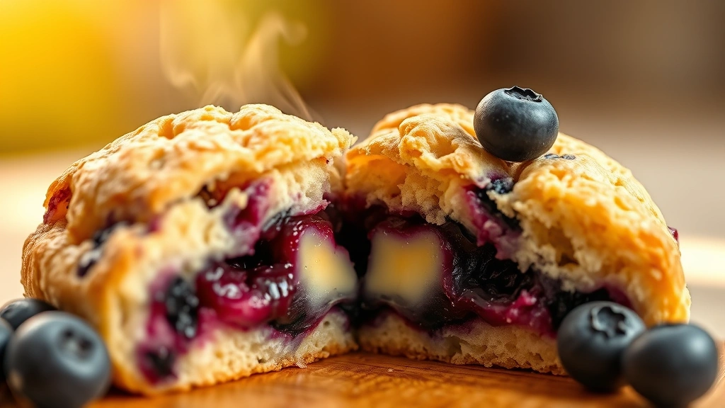 detail: close-up cross-section of split warm blueberry biscuit showing flaky layers and juicy berries, steam rising, butter melting inside, shallow depth of field, warm golden hour light, photorealistic, no text